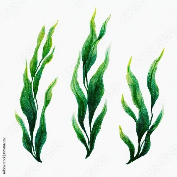 Obraz Watercolor depiction of three stylized seaweed sprigs against a white background.  The sprigs feature varying shades of green, with detailed textures