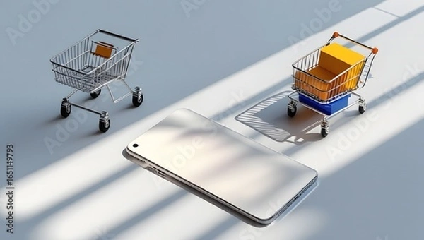 Obraz Online shopping concept with smartphone and shopping cart, digital e-commerce and mobile marketplace illustration for business and technology