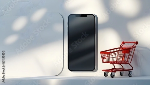 Obraz Digital shopping and online retail symbol with smartphone and miniature cart