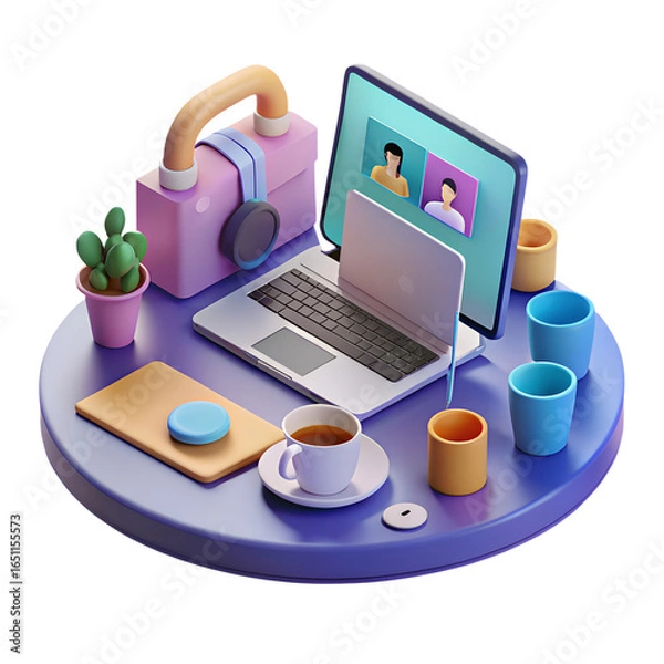 Obraz Modern Workplace Setup Online Meeting in Progress