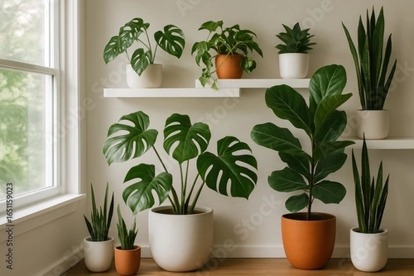 Fototapeta Curated collection of exotic houseplants in modern ceramic planters arranged on white shelving unit, urban jungle interior design inspiration