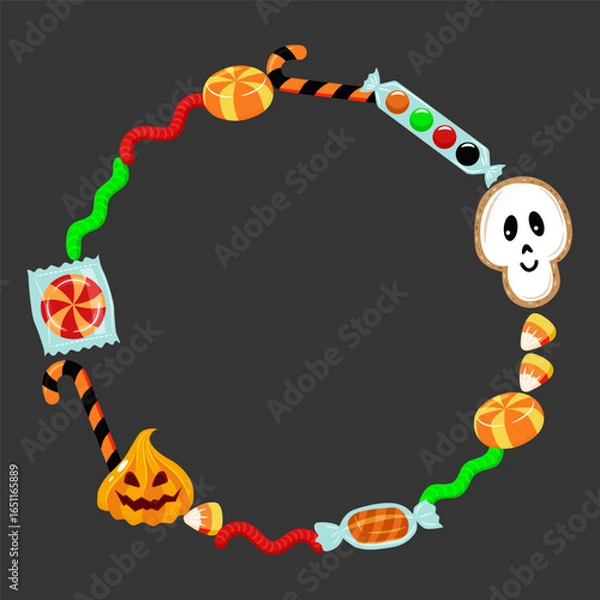 Fototapeta Circle candy border frame. Vector Halloween candy set. Trick or Treat. Lollipop, marmalade, cookie in the shape of scary characters. 