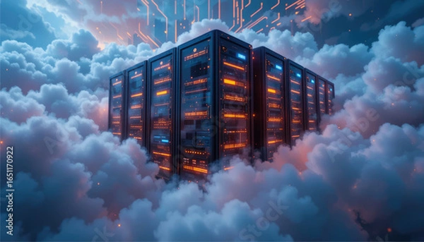 Obraz Cloud server cluster with glowing lines.