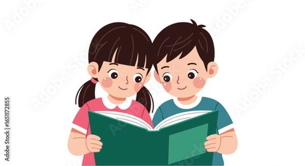 Obraz Two young children reading a book on white background 
