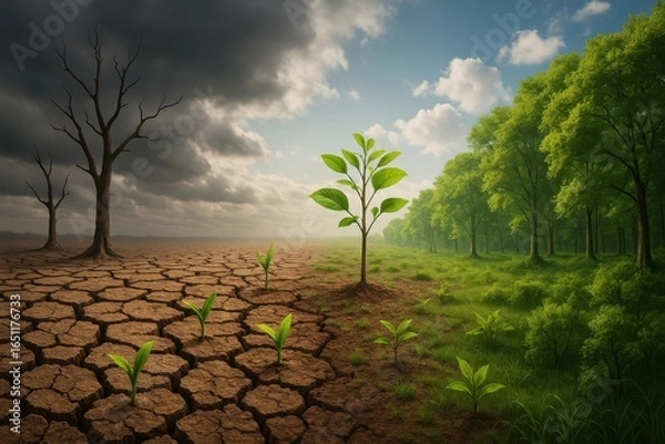 Fototapeta Environmental transformation concept showing barren desert landscape gradually becoming lush green forest symbolizing climate action and regeneration