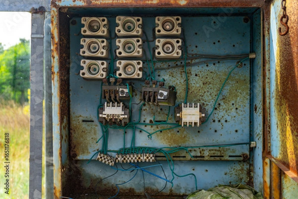 Fototapeta Rusty electrical box with porcelain fuses and tangled wires, mounted on a blue metal background, located in an abandoned industrial area.
