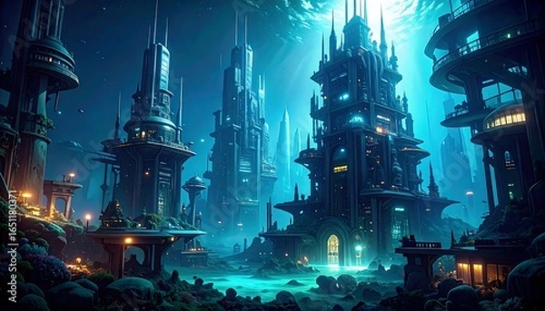 Fototapeta Futuristic Underwater Cityscape, Dark, Mystical Architecture.