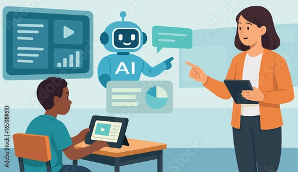 Obraz Artificial Intelligence Classroom with Chatbot Assistant, Teacher and Student Using Tablets