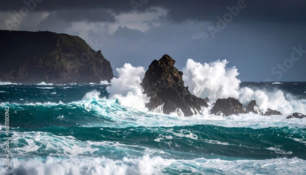 Obraz Powerful ocean waves crashing rocks