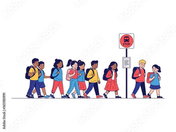 Fototapeta School Bus Stop: A group of children, each with backpacks, waits patiently at a bus stop, signaling the beginning of another school day. capturing the essence of community, education.