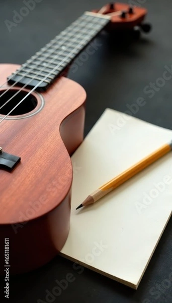 Fototapeta Close-up ukulele & notepad, pencil resting on top, ukulele, musical instrument