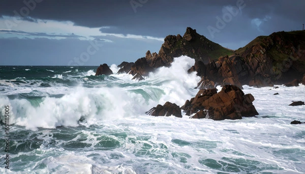 Obraz Powerful waves crashing on rocky shore