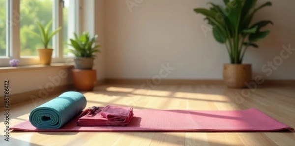 Fototapeta Yoga mat, blocks, straps, serene studio setting, relaxation, lifestyle, balance
