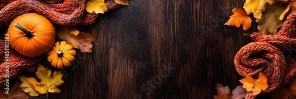 Obraz Autumn, Halloween, themed flat lay with vibrant pumpkins, colorful leaves, and a cozy knit scarf. Perfect for header or newsletter banner.