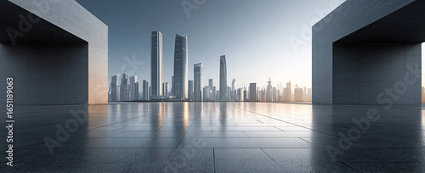 Obraz A modern city skyline, clear sky, seen from an empty square in front of the skyscrapers. 