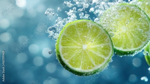 Fototapeta Fresh lime slices submerged in water with bubbles and vibrant blue background, refreshing summer drink ingredient