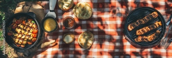 Obraz Delicious grilled meats and vegetables on a picnic table with a warm, inviting atmosphere.