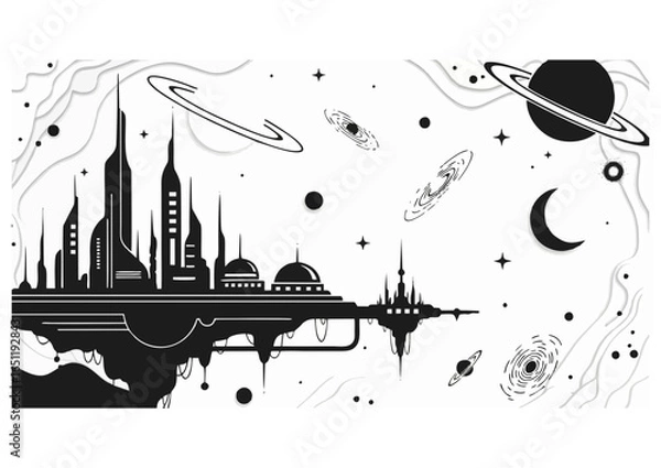 Fototapeta Futuristic cityscape in space surrounded by planets and galaxies in artistic monochrome style
