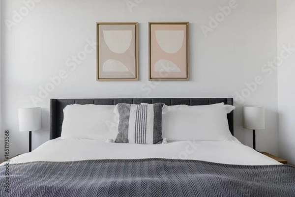 Fototapeta Modern luxury bedroom interior in minimal scandinavian style, 3d render