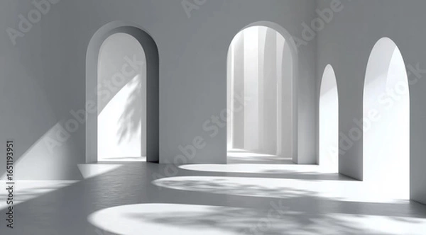 Obraz 3D render, abstract background with an empty room interior featuring arches and shadows on a white wall. A minimalist