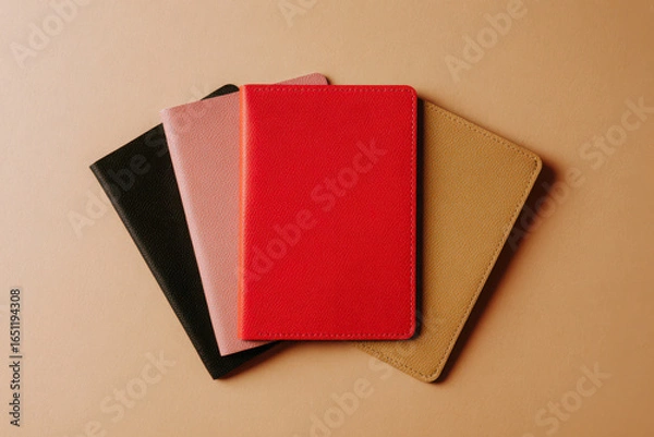 Fototapeta Stack of four colorful leather bound notebooks on a beige background in an overhead shot flat lay style