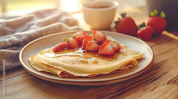 Fototapeta Stack of Crepes with Honey and Fresh Strawberries on a Plate
