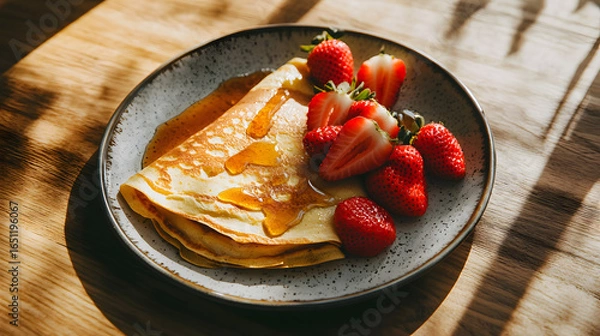 Fototapeta Stack of Crepes with Honey and Fresh Strawberries on a Plate