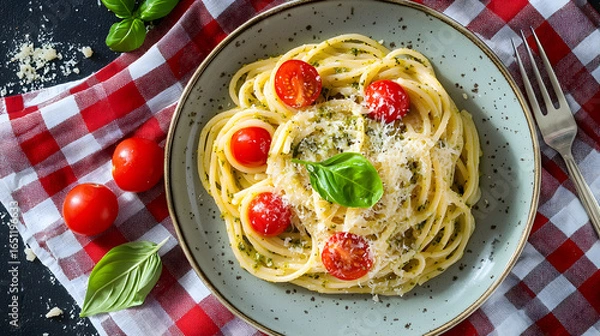 Fototapeta Spaghetti with Cherry Tomatoes, Basil, and Parmesan Cheese on a Plate