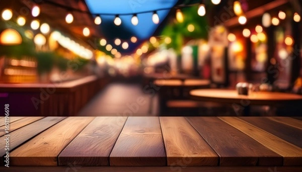 Fototapeta dark wooden worktop with blurred background of a colorful rustic local restaurant ideal for food mockups or traditional design