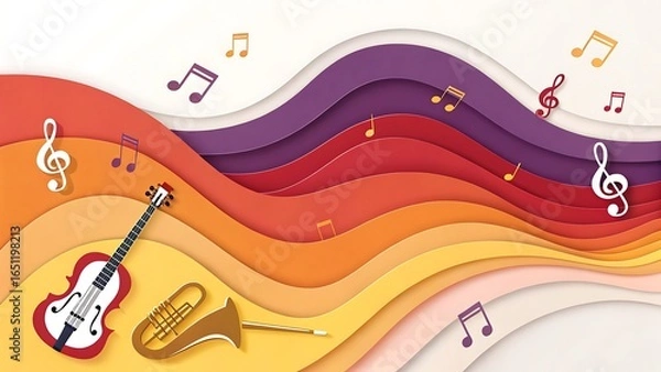 Fototapeta Vibrant Music Background with Musical Instruments in Paper Cut Style