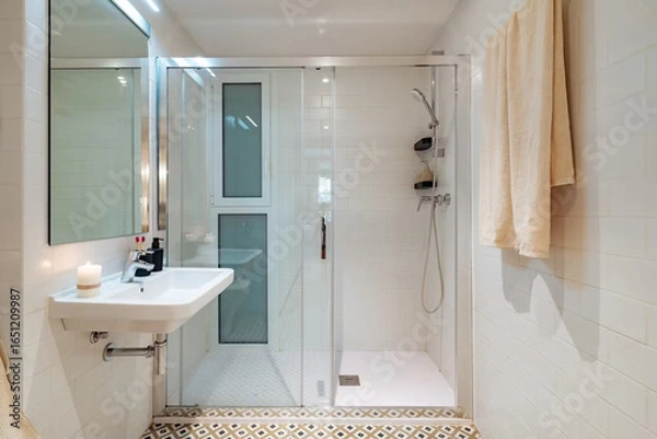 Obraz Modern bathroom interior in minimal scandinavian style, 3d render