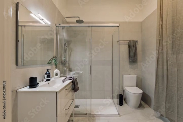 Obraz Modern bathroom interior in minimal scandinavian style, 3d render