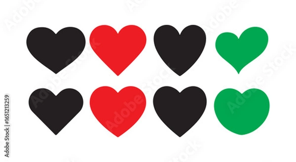 Fototapeta Green black and red heart icon set. Holiday of all lovers. Valentine's Day, simple vector heart love icon. Victor illustration eps10