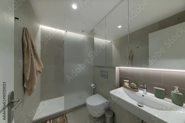 Obraz Modern bathroom interior in minimal scandinavian style, 3d render