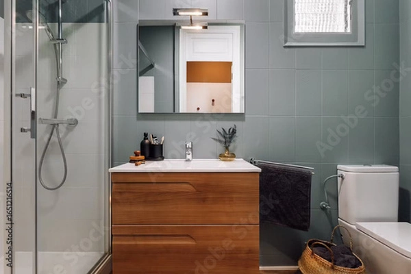 Obraz Modern bathroom interior in minimal scandinavian style, 3d render