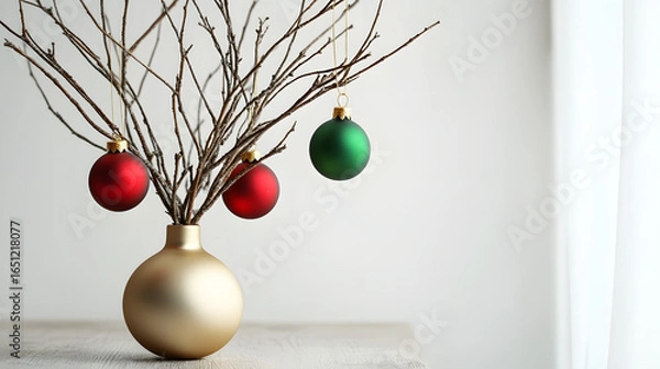 Fototapeta Decorative branches with red, green, and gold ornaments against a softly lit background