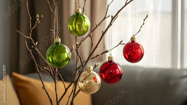 Fototapeta Decorative branches with red, green, and gold ornaments against a softly lit background