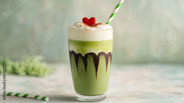Fototapeta Matcha Green Tea Latte with Heart-Shaped Cream Design in a Glass Cup