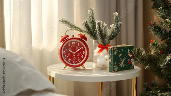 Fototapeta Cozy Christmas Setup with Red Alarm Clock, Mini Tree, and Gift Box on a Side Table