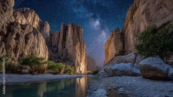 Fototapeta Under a blanket of stars, the canyon at Big Bend National Park reveals towering rock formations and a calm river reflecting the night sky. The landscape evokes tranquility and wonder