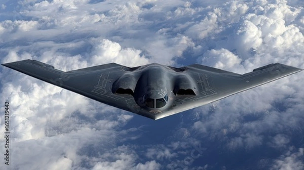 Fototapeta A B2 stealth bomber soars gracefully above fluffy white clouds in bright daylight, showcasing its unique design and advanced capabilities, creating an impressive aerial presence