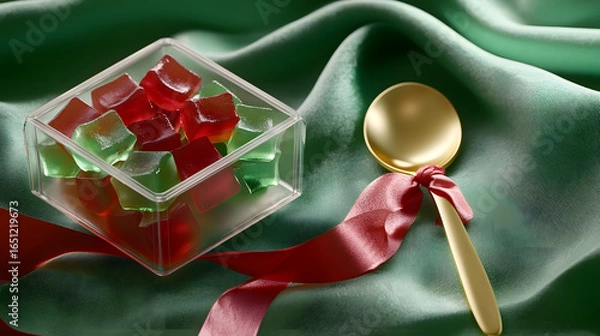 Fototapeta Colorful Gummy Cubes in a Transparent Box with a Red Ribbon and Gold Spoon on Green Fabric