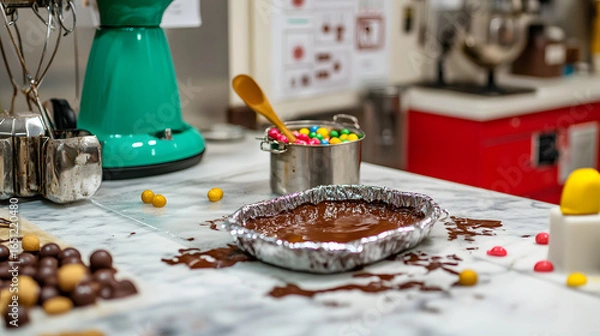 Fototapeta Kitchen scene with chocolate mixture in a foil-lined pan, colorful candies, and baking tools
