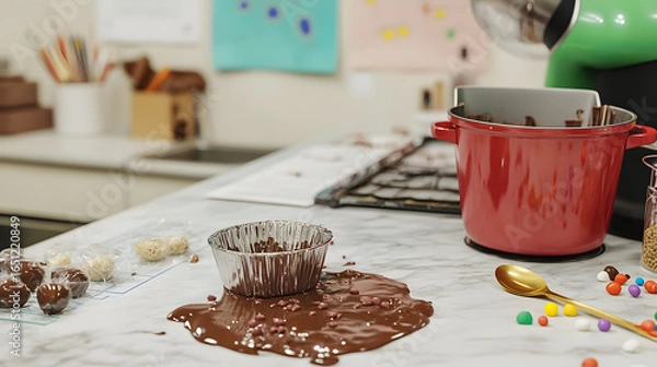 Fototapeta Kitchen scene with chocolate mixture in a foil-lined pan, colorful candies, and baking tools