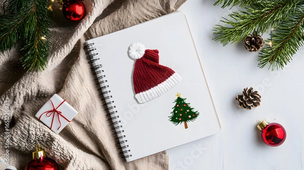 Fototapeta Christmas-themed workspace with notebook, pen, and festive decorations on a dark wooden table