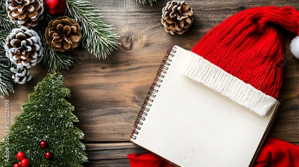 Fototapeta Christmas-themed workspace with notebook, pen, and festive decorations on a dark wooden table