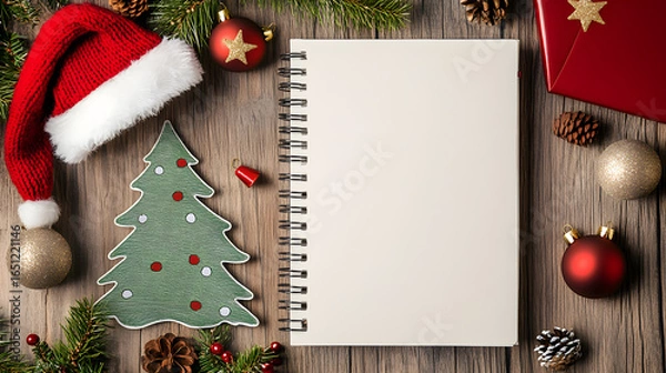 Fototapeta Christmas-themed workspace with notebook, pen, and festive decorations on a dark wooden table