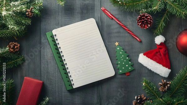 Fototapeta Christmas-themed workspace with notebook, pen, and festive decorations on a dark wooden table