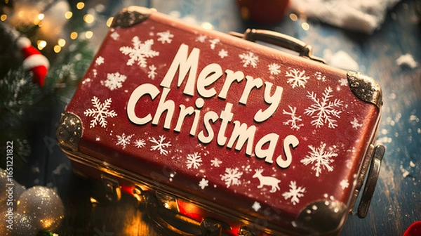 Fototapeta Vintage suitcase decorated with 'Merry Christmas' text and festive patterns, placed outdoors in a snowy setting.