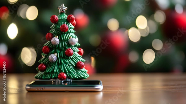 Fototapeta Miniature Christmas Tree with Red Ornaments Placed on a Smartphone Against a Festive Background